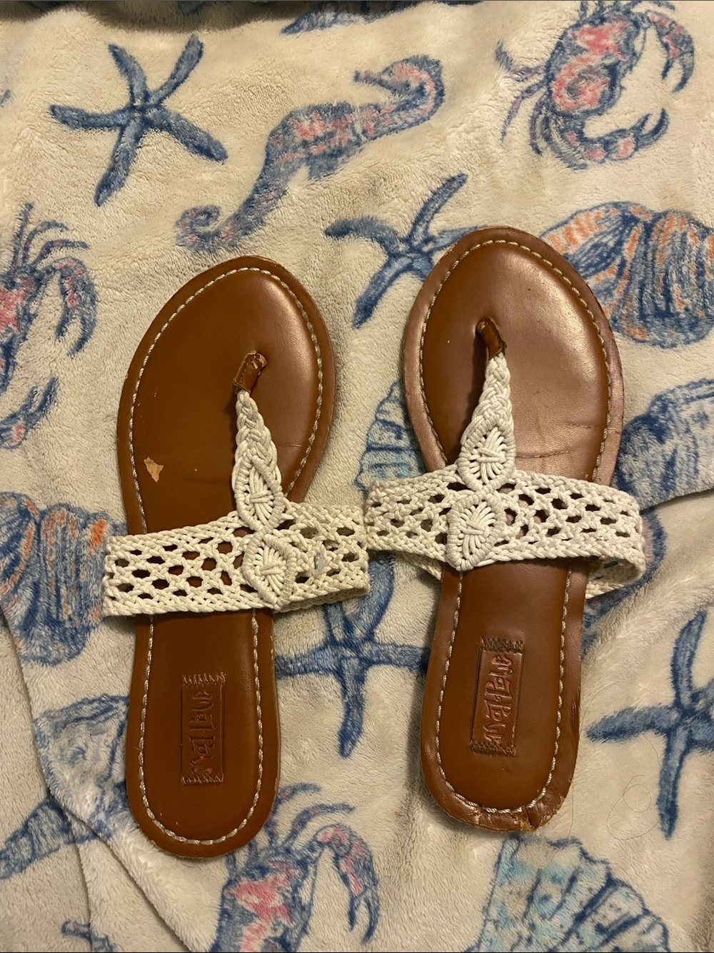 Mad Love Cream Crochet Thong Sandals with Brown Footbed